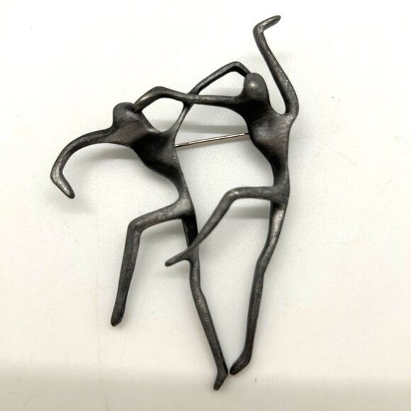 Modern Dancers Brooch darkened Silver-tone Metal Abstract Artistic Design Pin - Picture 1 of 11